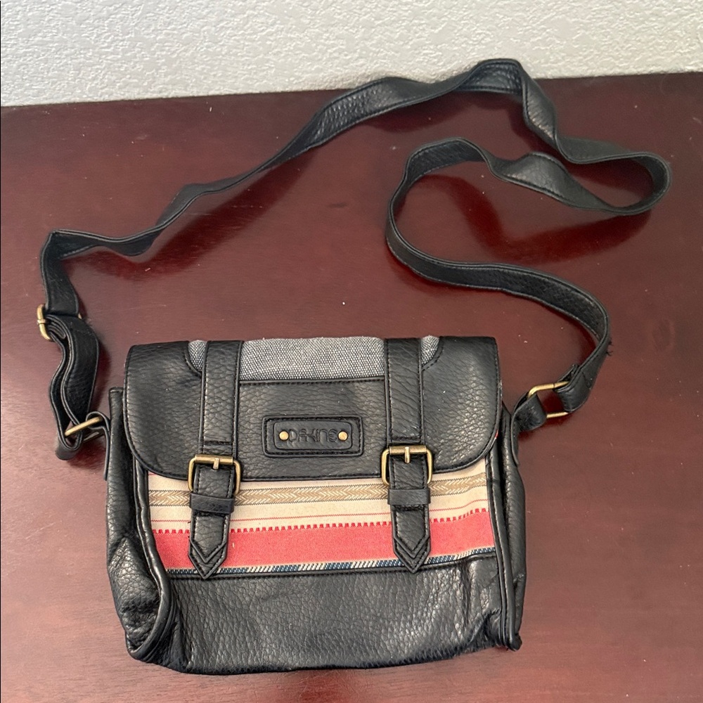 Oroton Black Messenger Bag with Red and Beige Stripes